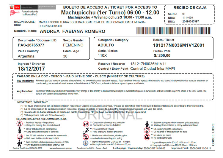 Machu Picchu Ticket Entrance ticket to Machupicchu