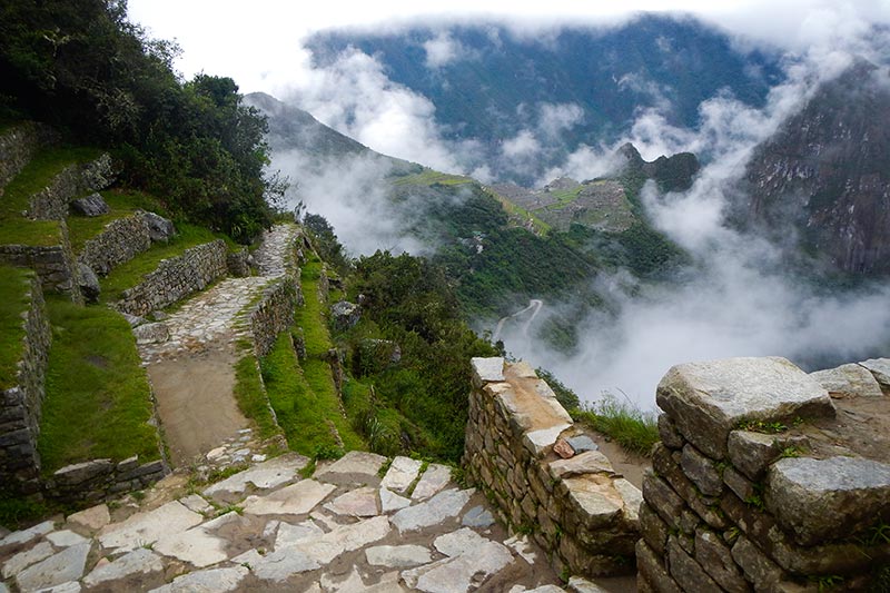 View of the Inca citadel of Machu Picchu from Inti Punku