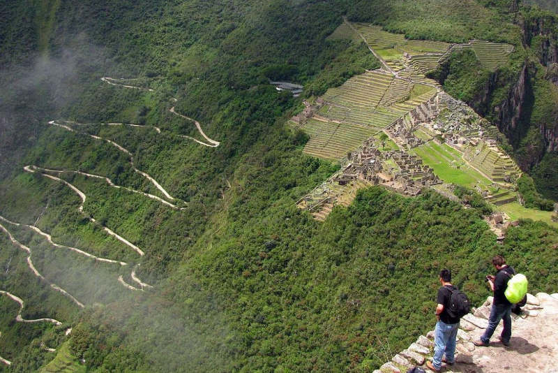 Tourists observing Machu Picchu from the summit of Huayna Picchu
