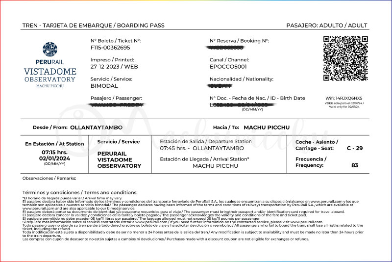 Vistadome Observatory train ticket to Machu Picchu