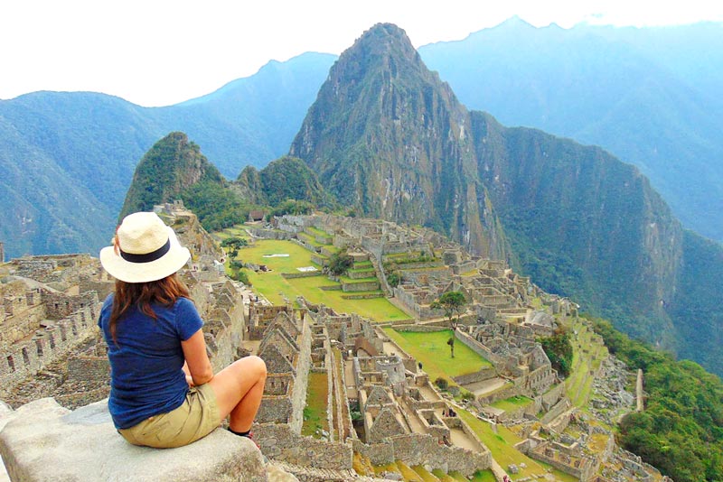 Traveler observing the Inca citadel of Machu Picchu