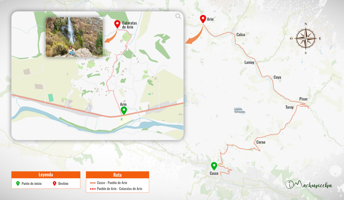 Map to get to Arín Falls from Cusco